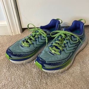 Hoka Clifton Blue and Green Running and Hiking Tennis Shoes / Sneakers